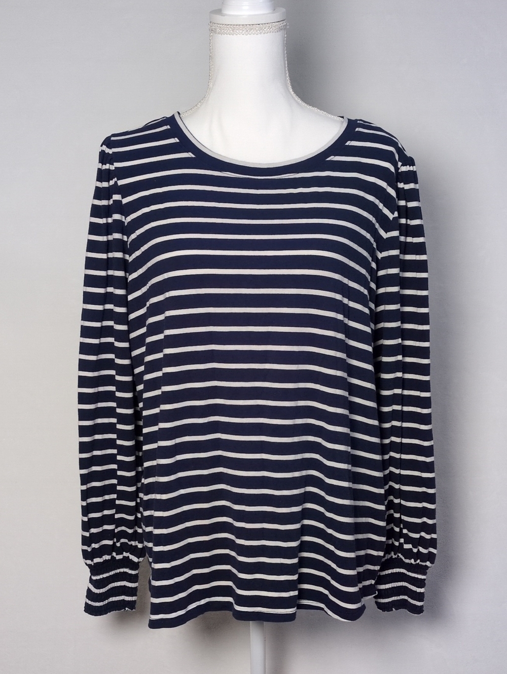 LC Lauren Conrad Navy White Striped Puff Sleeve Smocked Cuff Top 1X